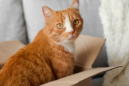 Funny cat in cardboard box on sofa at home, closeupの写真素材