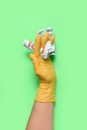 Woman in medical glove with money on green backgroundの写真素材