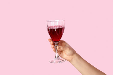 Female hand holding glass of red wine on pink backgroundの写真素材
