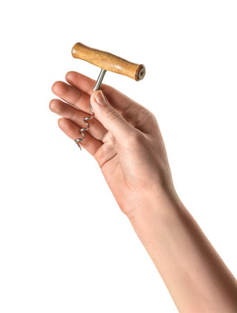 Female hand holding corkscrew isolated on white backgroundの写真素材