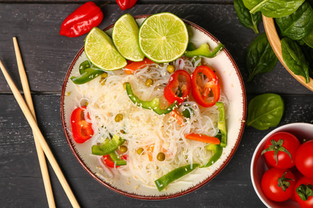 Composition with bowls of tasty rice noodles, vegetables, spinach and lime on black wooden table