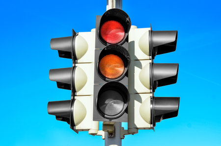 View of traffic lights in city, closeupの写真素材