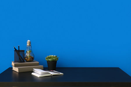 Workplace with stationery, books and flowerpot near blue wallの写真素材