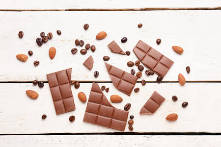 Composition with pieces of tasty chocolate, almonds and coffee beans on light wooden backgroundの写真素材