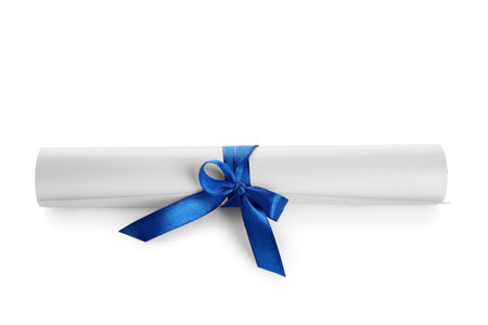 Diploma with blue ribbon isolated on white backgroundの写真素材