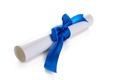 Diploma with blue ribbon isolated on white backgroundの写真素材