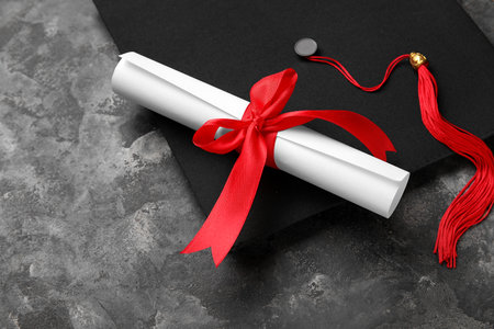 Diploma with red ribbon and graduation hat on dark gray tableの写真素材
