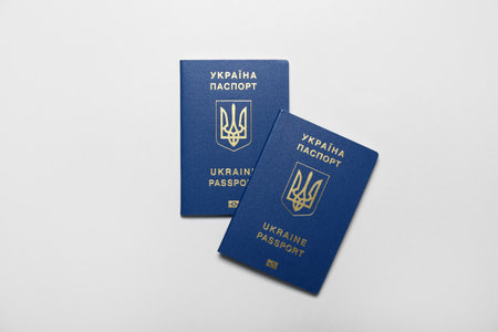 Ukrainian passports on light backgroundの写真素材