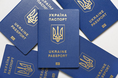 Ukrainian passports on white background, closeupの写真素材