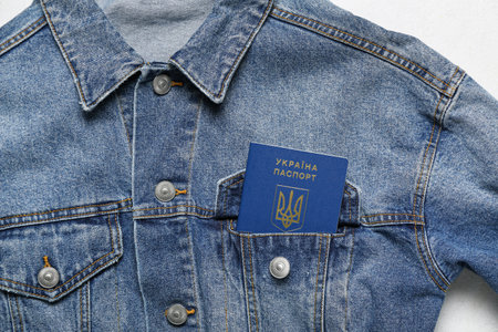 Denim jacket with Ukrainian passport on light backgroundの写真素材