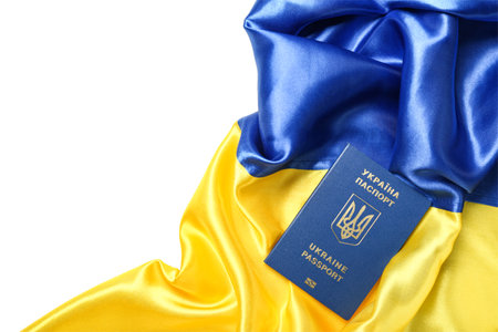 Passport with flag of Ukraine on white background, closeupの写真素材