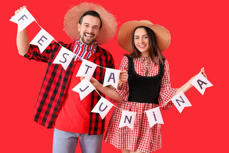 Young couple with flags on red background. Festa Junina (June Festival) celebrationの写真素材
