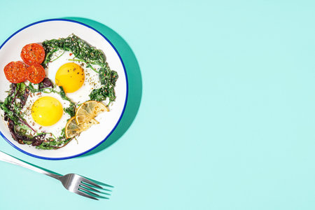 Plate with tasty fried eggs and salad on blue backgroundの写真素材