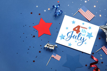 Greeting card for Independence Day, stars and USA flags on blue backgroundの写真素材