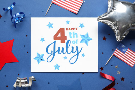 Greeting card for Independence Day, stars and USA flags on blue backgroundの写真素材