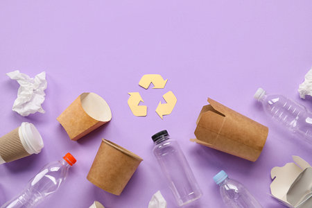 Recycling sign with garbage on lilac backgroundの写真素材