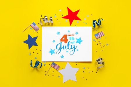Greeting card for Independence Day, stars and USA flags on yellow backgroundの写真素材