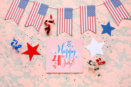 Greeting card for Independence Day, stars and USA flags on grunge backgroundの写真素材