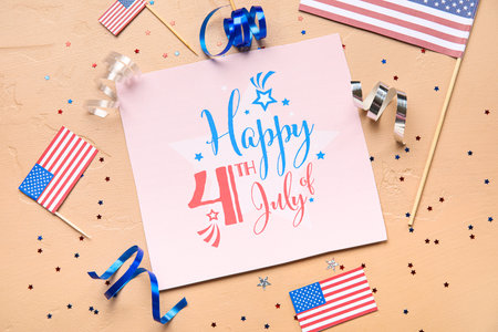 Greeting card for Independence Day, stars and USA flags on beige backgroundの写真素材