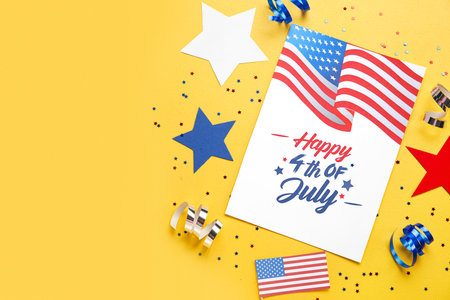 Greeting card for Independence Day, stars and USA flags on yellow backgroundの写真素材