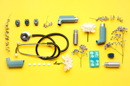Asthma inhalers with stethoscope, pills and flowers on yellow backgroundの写真素材