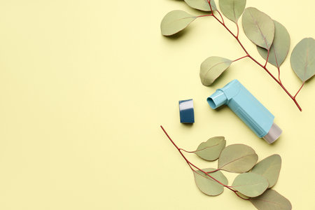Asthma inhaler with eucalyptus branches on green backgroundの写真素材