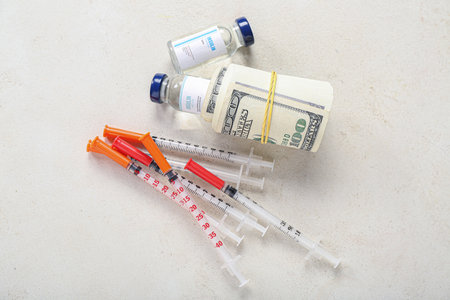 Insulin with syringes and money on white background. Expensive medicine conceptの写真素材