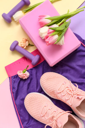 Sportswear with spring flowers and equipment on color backgroundの写真素材