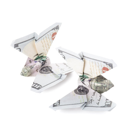 Origami butterflies made of dollar banknotes on white backgroundの写真素材