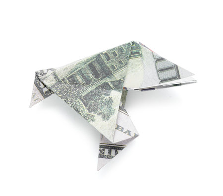 Origami bird made of dollar banknotes on white backgroundの写真素材