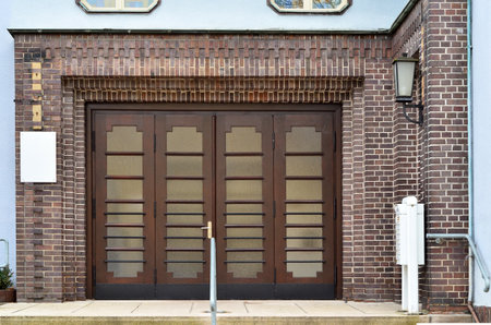 View of brick building with big doorの写真素材