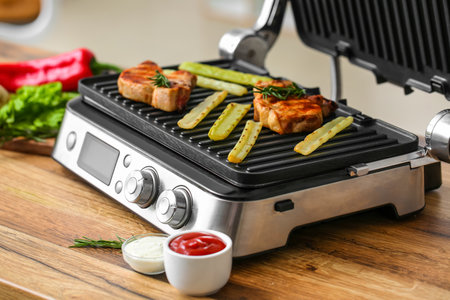Modern electric grill with tasty steaks and vegetables on tableの写真素材