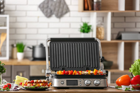 Modern electric grill with tasty chicken skewers and vegetables on table in kitchenの写真素材