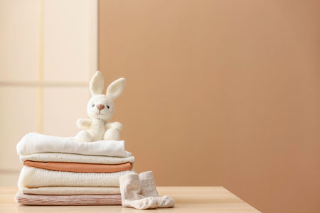 Stack of baby clothes, socks and toy bunny on table against color wallの写真素材