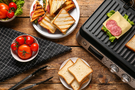Composition with modern electric grill and delicious sandwiches on wooden tableの写真素材