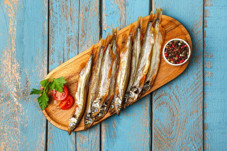 Board with tasty smoked capelin on blue wooden backgroundの写真素材