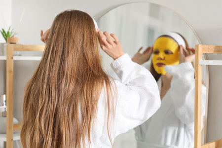 Young woman with turmeric mask near mirror in bathroomの写真素材