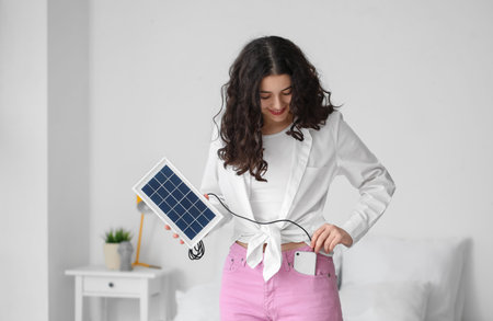 Teenage girl charging mobile phone with portable solar panel in bedroomの写真素材