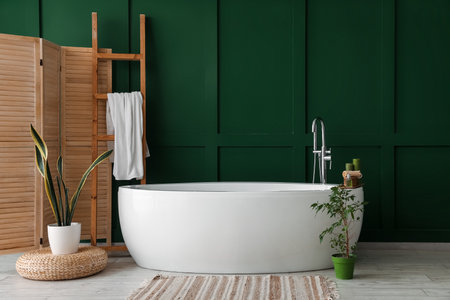 Interior of bathroom with bathtub, houseplants and ladderの写真素材