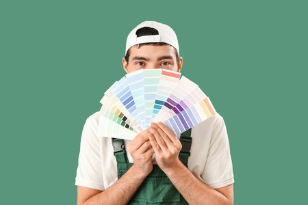 Male painter with palette colors on green backgroundの写真素材