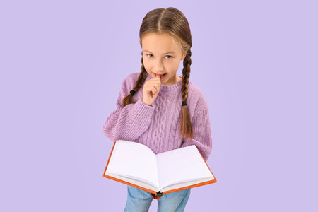 Little girl with book biting nails lilac backgroundの写真素材