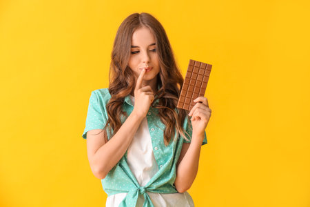 Thoughtful young woman with tasty chocolate on color backgroundの写真素材