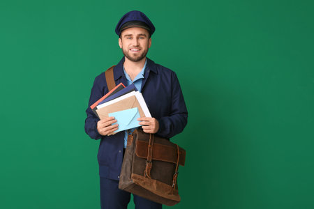 Handsome young postman on color background