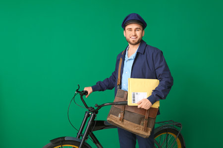 Handsome young postman with bicycle on color backgroundの写真素材