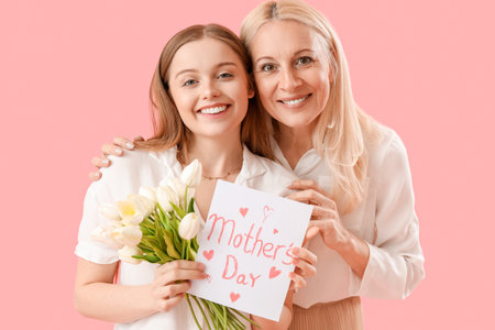 Young woman greeting her mother with tulips and card on pink backgroundの写真素材