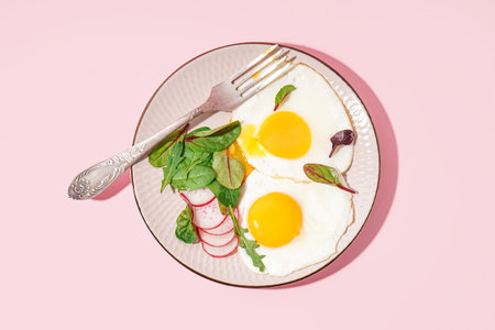 Plate with tasty fried eggs, radish and spinach on pink background
