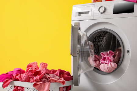 laundry basket with dirty clothes and washing machine near yellow wall, closeupの写真素材