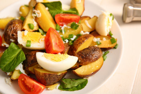 Plate of tasty potato salad with eggs and tomatoes on light background, closeupの写真素材