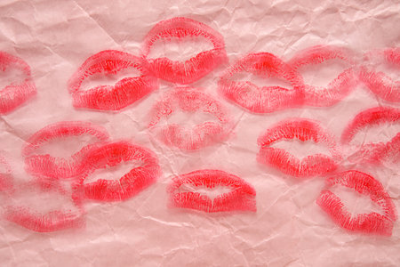Lipstick kiss marks on pink paper sheet, closeupの写真素材