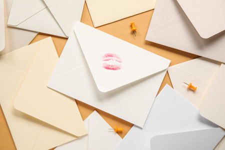 Envelopes with lipstick kiss mark on orange backgroundの写真素材